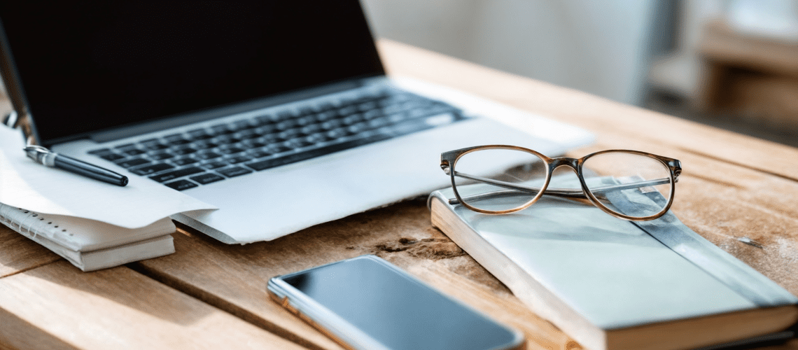 Image of a laptop, wireless phone, notebook and glasses on a desk for a blog post discussing mystery shopping as a side hustle.