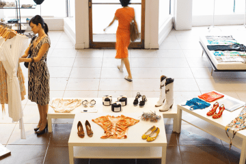 Image of a woman shopping in a high-end clothing store for an article covering mystery shopping full time.