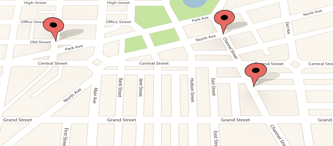 Image of a city map with several locations identified for a blog post on mystery shopping route planning.