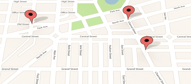 Image of a city map with several locations identified for a blog post on mystery shopping route planning.