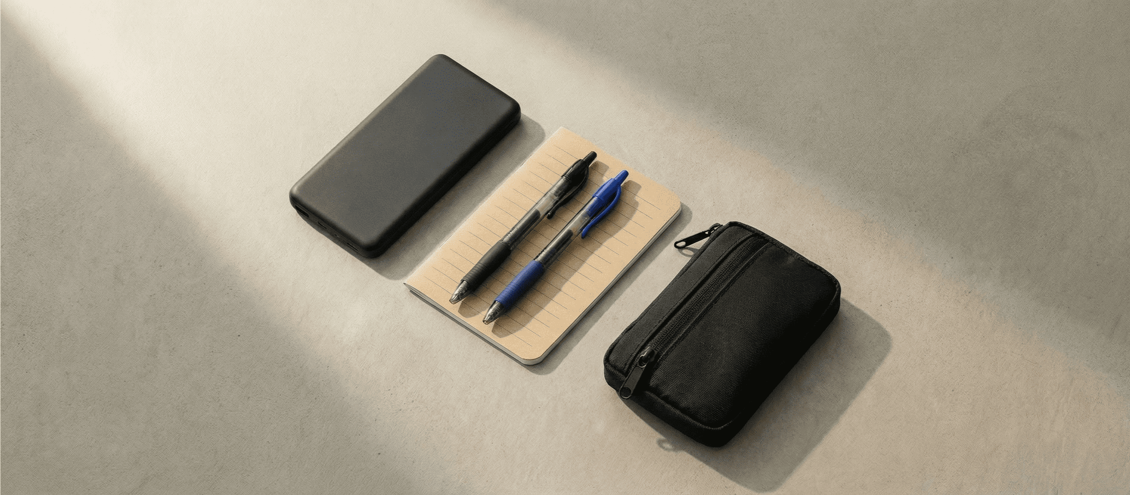 Image of a mystery shopper starter kit laid out including a power bank, pens, notebook, and EDC pouch representing the core items every new shopper should buy first
