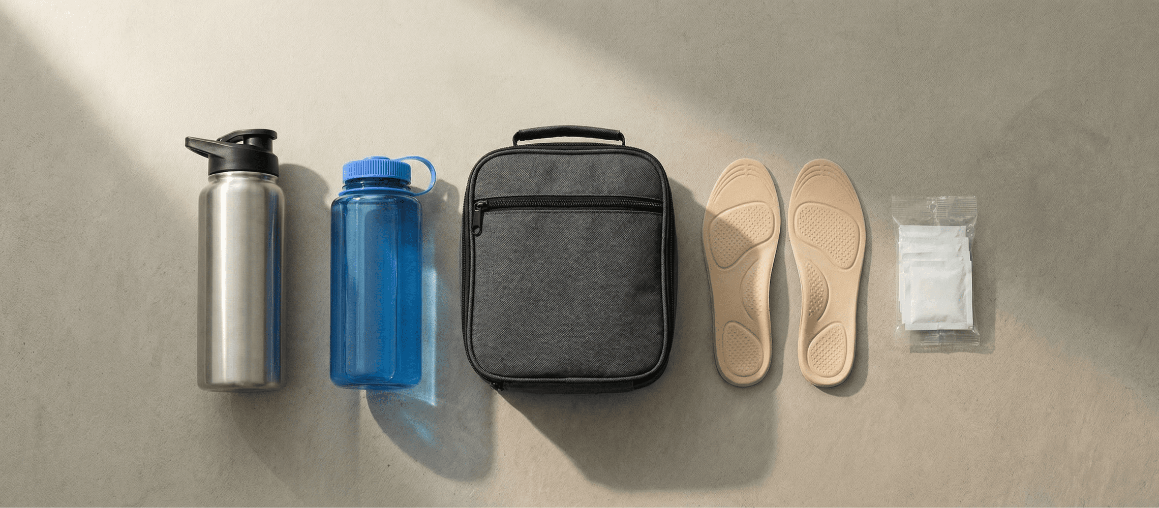 Image of mystery shopper carry kit comfort essentials including a reusable water bottle, insulated lunch bag, and insoles arranged on a neutral surface