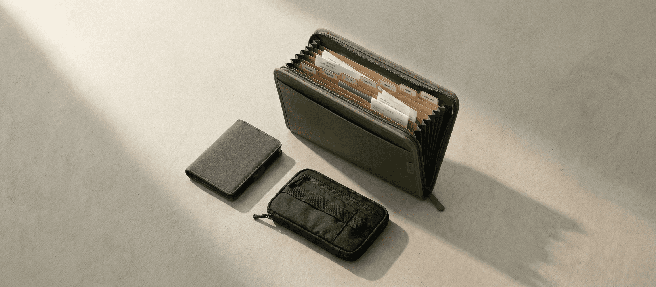 Image of mystery shopper carry kit organization tools including an accordion file folder, receipt organizer, and EDC pouch on a neutral surface