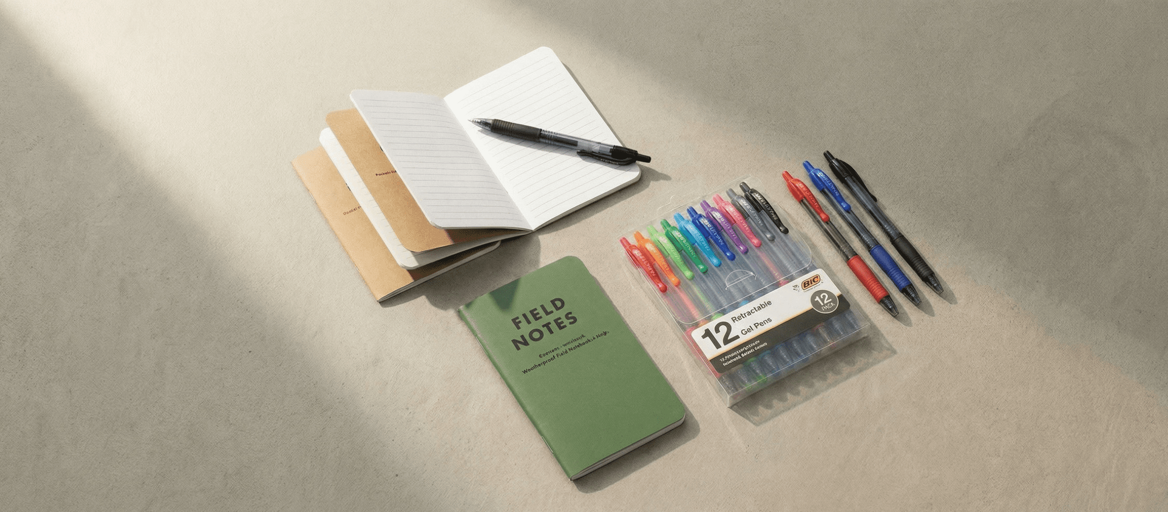 Image of mystery shopper carry kit pen and notebook supplies including pocket notebooks and gel pens laid out on a neutral surface