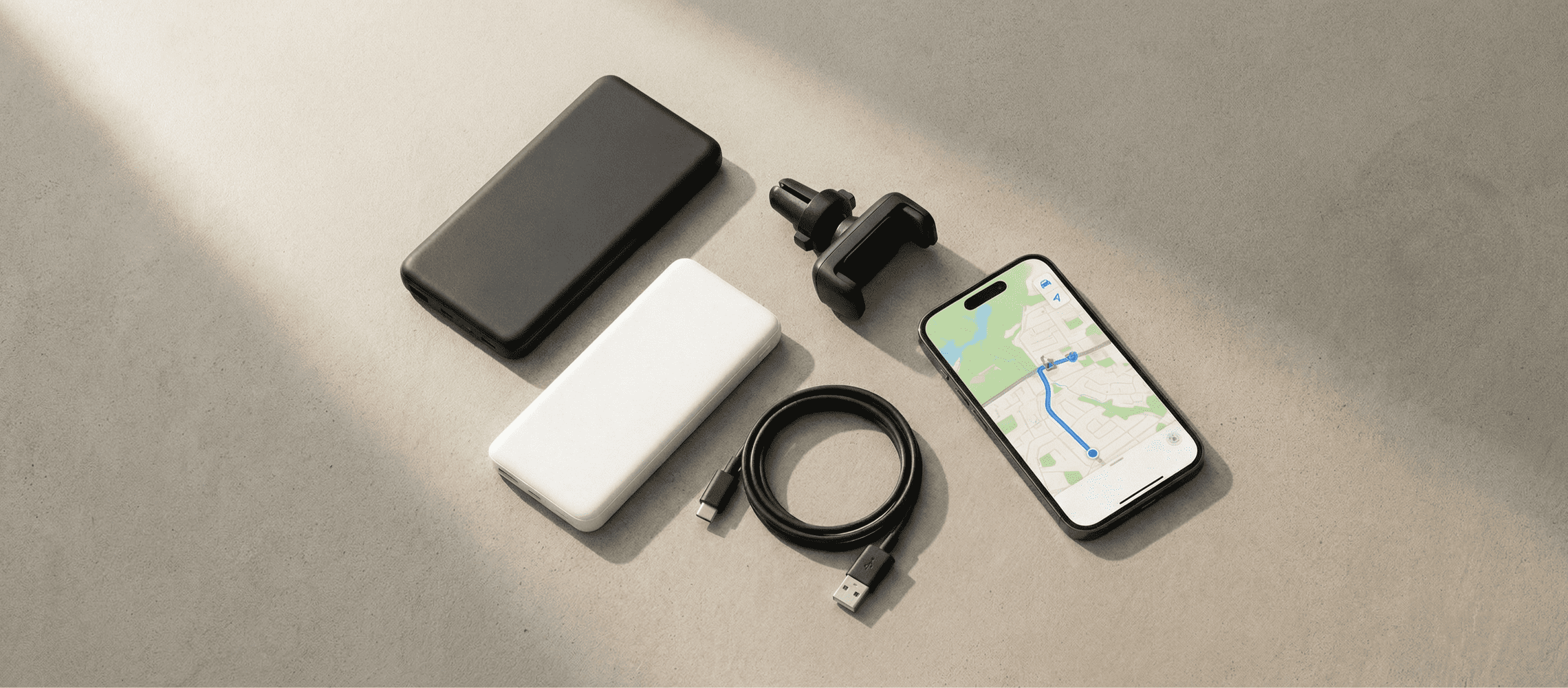 Image of mystery shopper carry kit phone power essentials including a portable charger, power bank, car phone mount, and charging cable arranged on a neutral surface