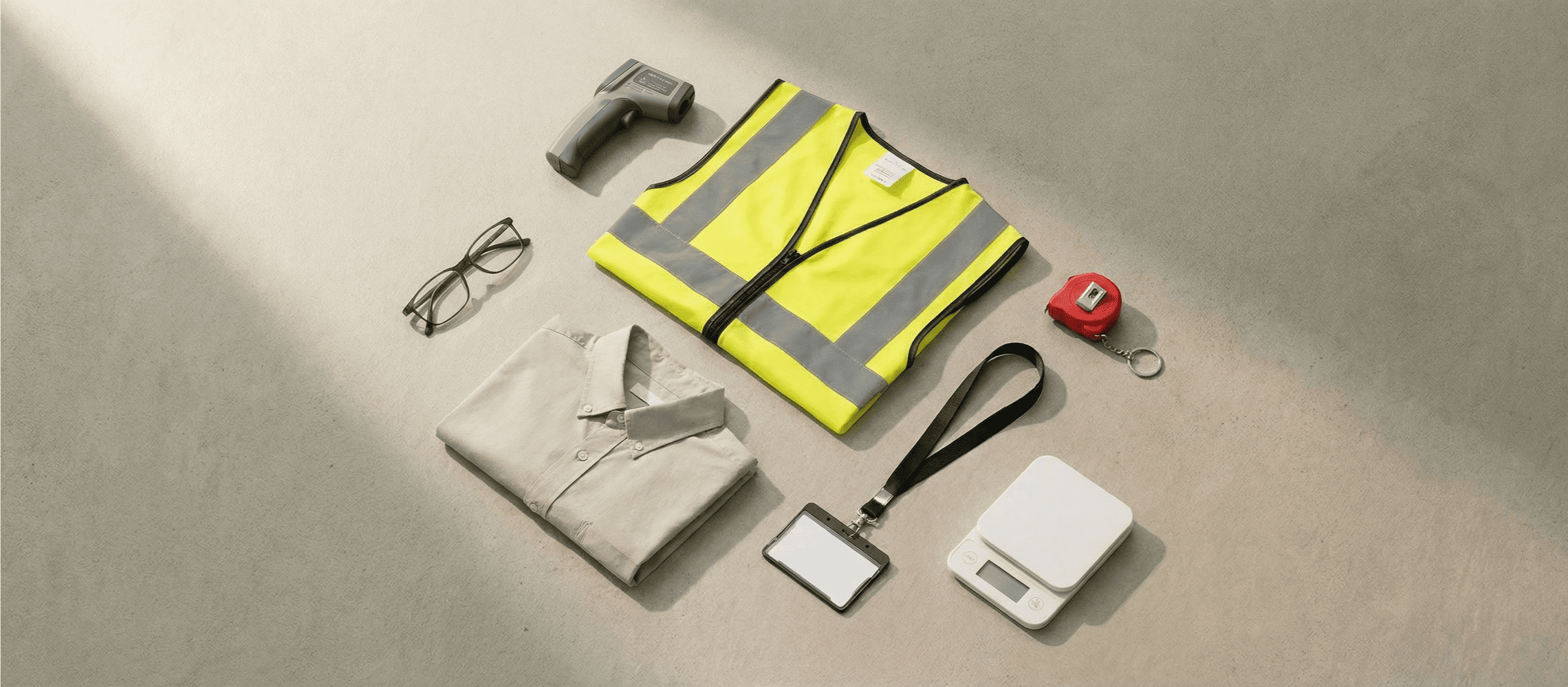Image of mystery shopper carry kit specialty items including a high-visibility safety vest, infrared thermometer, keychain tape measure, reading glasses, and ID badge holder on a neutral surface