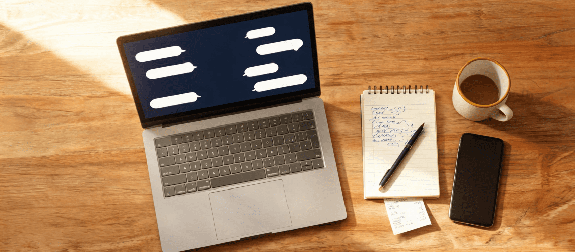 Image of AI mystery shopping reports workflow shown on a laptop next to handwritten shop notes and coffee on a warm wooden desk.