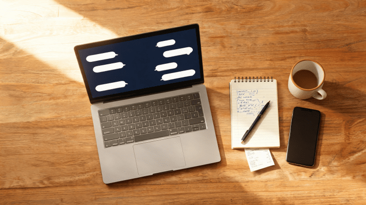Image of AI mystery shopping reports workflow shown on a laptop next to handwritten shop notes and coffee on a warm wooden desk.
