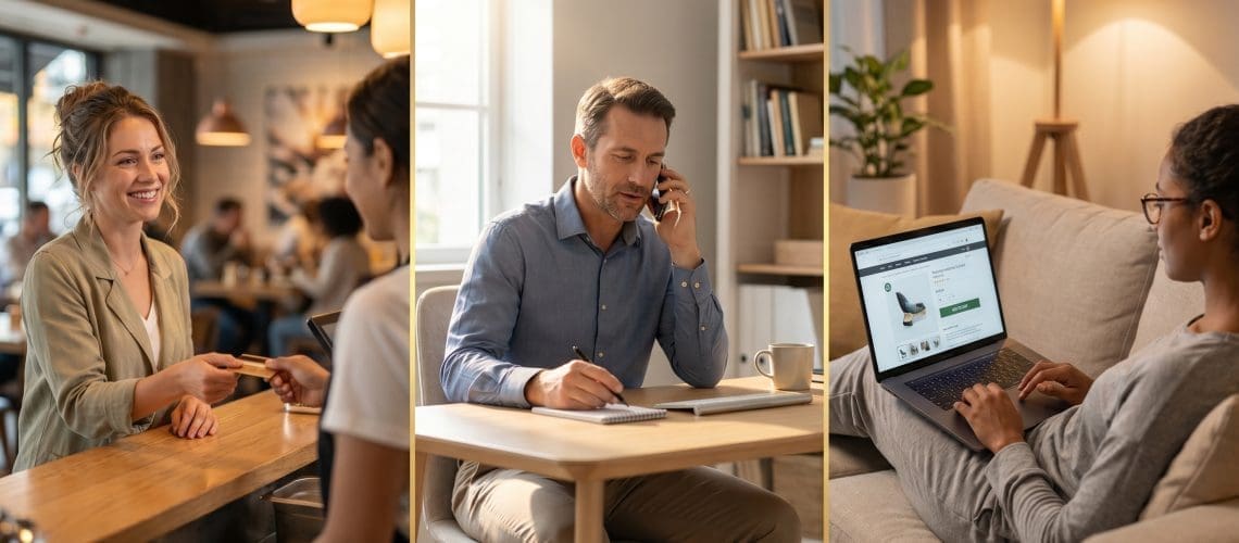 Image of three mystery shoppers — a woman at a restaurant counter, a man on a phone call at home, and a woman testing a website on a laptop.
