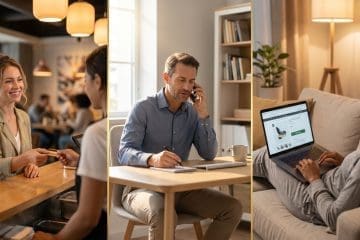 Image of three mystery shoppers — a woman at a restaurant counter, a man on a phone call at home, and a woman testing a website on a laptop.