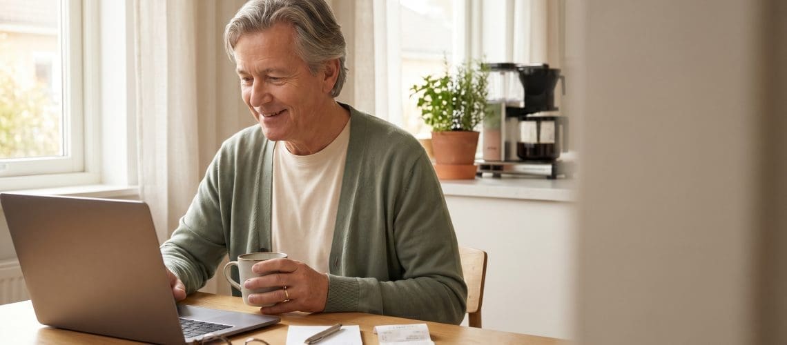 Image of a retiree filing a mystery shopping report at a kitchen table with coffee and receipt.