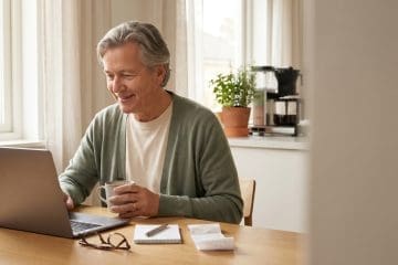 Image of a retiree filing a mystery shopping report at a kitchen table with coffee and receipt.