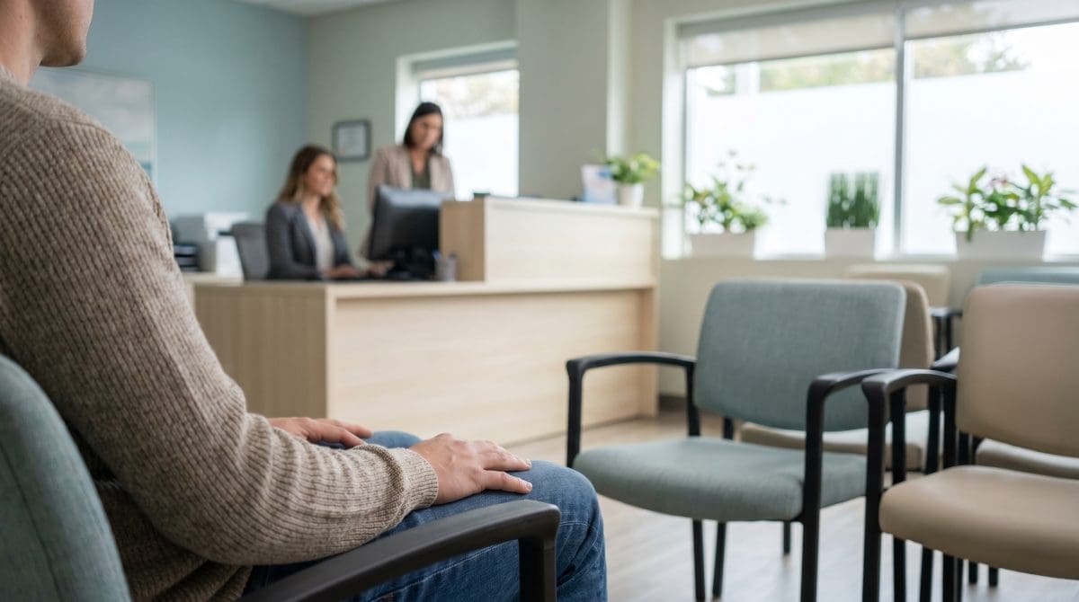 Image of a medical mystery shopper observing a clinic waiting room during an in-person shop