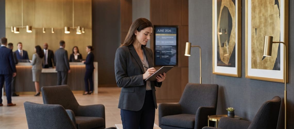 Image of a mystery shopper reviewing notes at a professional conference venue for the June 2026 Mystery Shopping Insider newsletter.