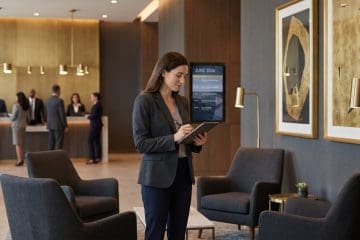 Image of a mystery shopper reviewing notes at a professional conference venue for the June 2026 Mystery Shopping Insider newsletter.