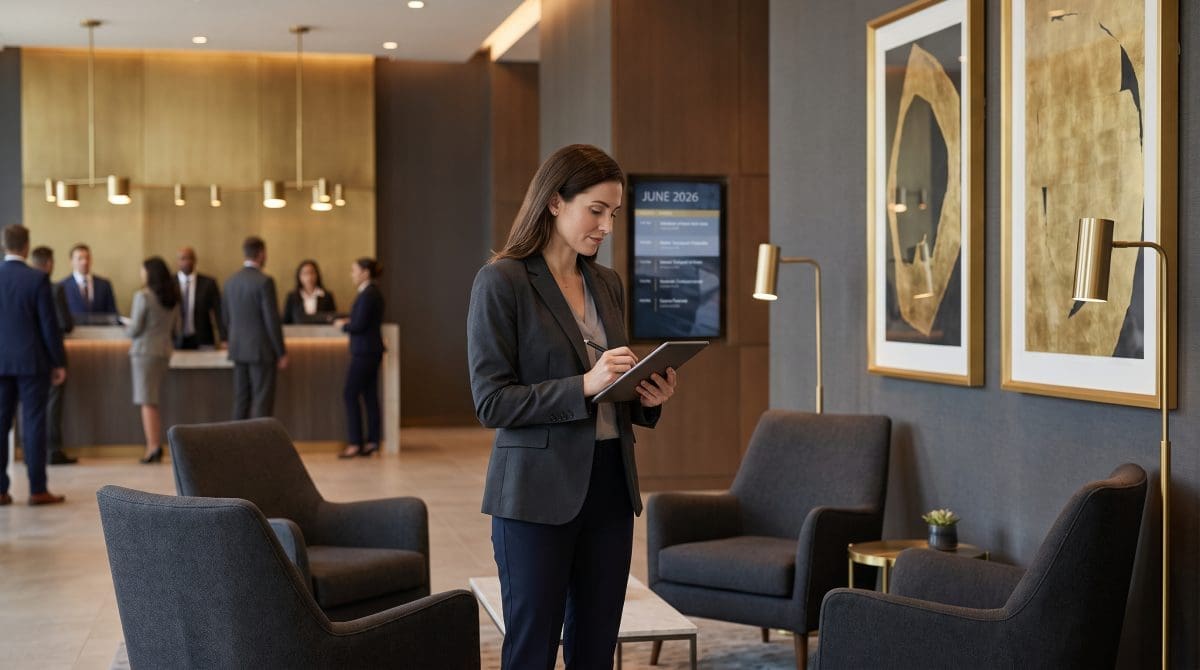 Image of a mystery shopper reviewing notes at a professional conference venue for the June 2026 Mystery Shopping Insider newsletter.