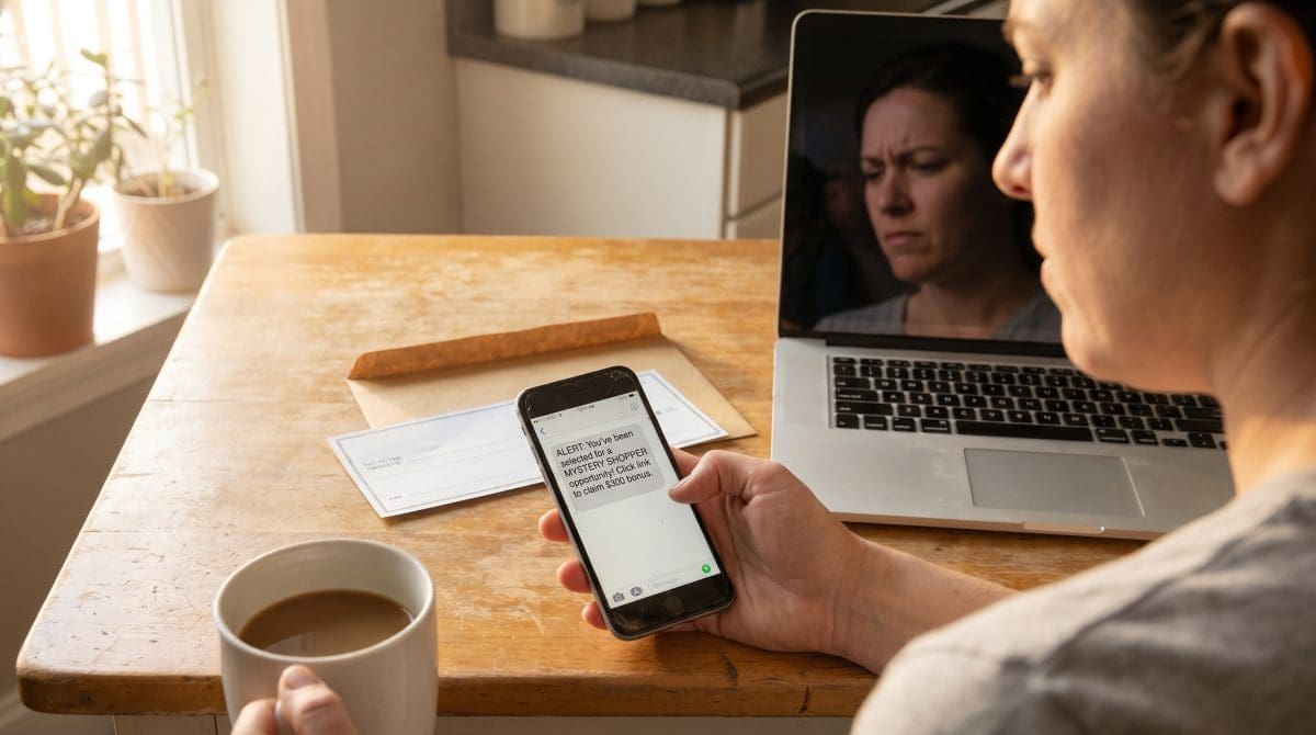 A mystery shopper at a kitchen table examining a suspicious check and torn envelope with a wary, skeptical expression — a laptop nearby showing an email. Conveys "spot the scam before you deposit.