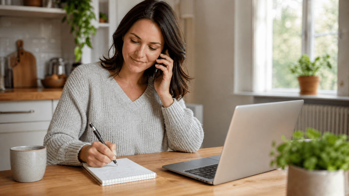 Image of a person taking notes during a phone mystery shopping call at home.